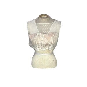 SheriHill |Size0|White Floral Embroidered Formal CropTop /W PaddedPink Underlay‎